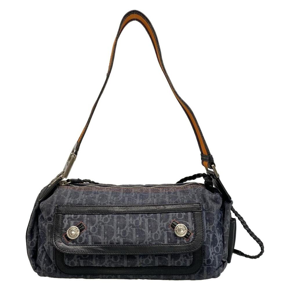 DIOR Christian Flight Trotter Shoulder Bag Dark Navy Blue Orange Leather
